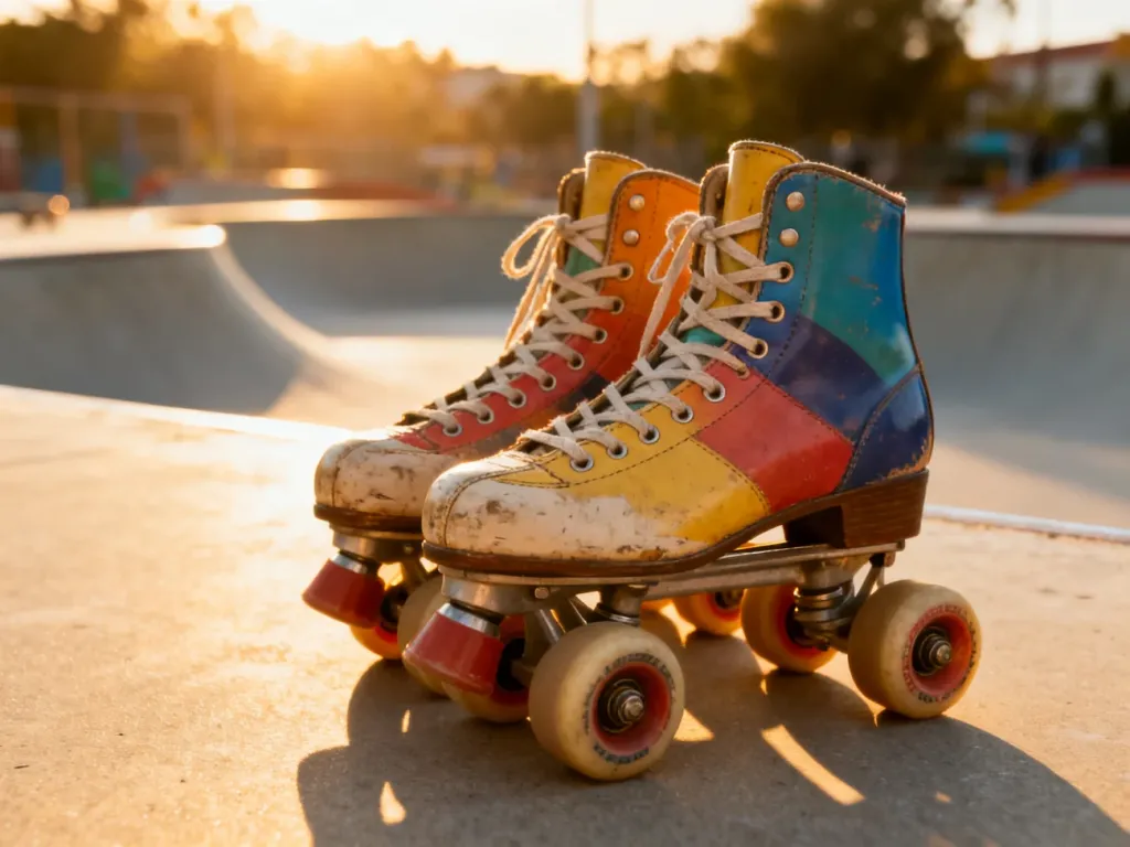 Kolorowe wrotki typu vintage ustawione na betonowym podłożu w słonecznym skateparku.
