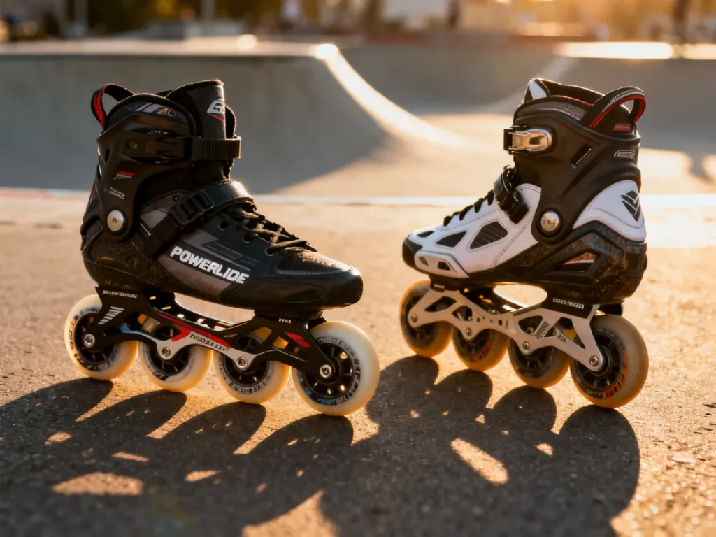 Profesjonalne rolki marek Powerslide i Rollerblade ustawione obok siebie na asfalcie w miejskim skateparku.