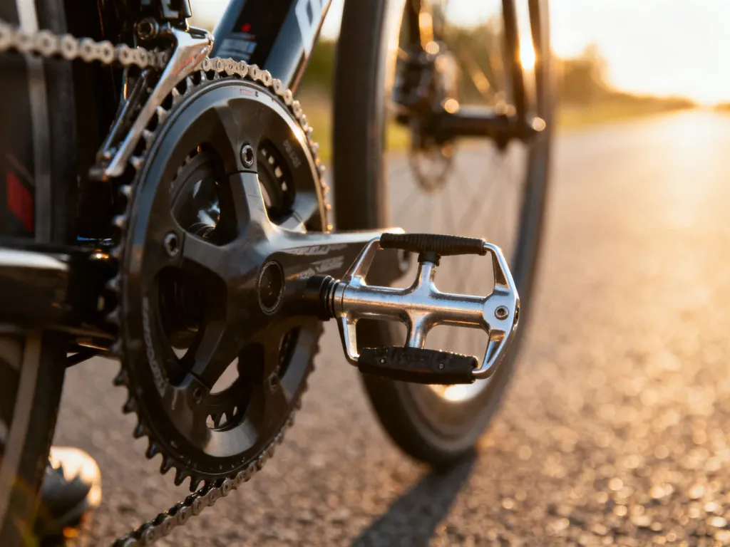 Zbliżenie na pedał i mechanizm korbowy roweru szosowego na tle słonecznej drogi, podkreślające sprzęt do treningu nóg.