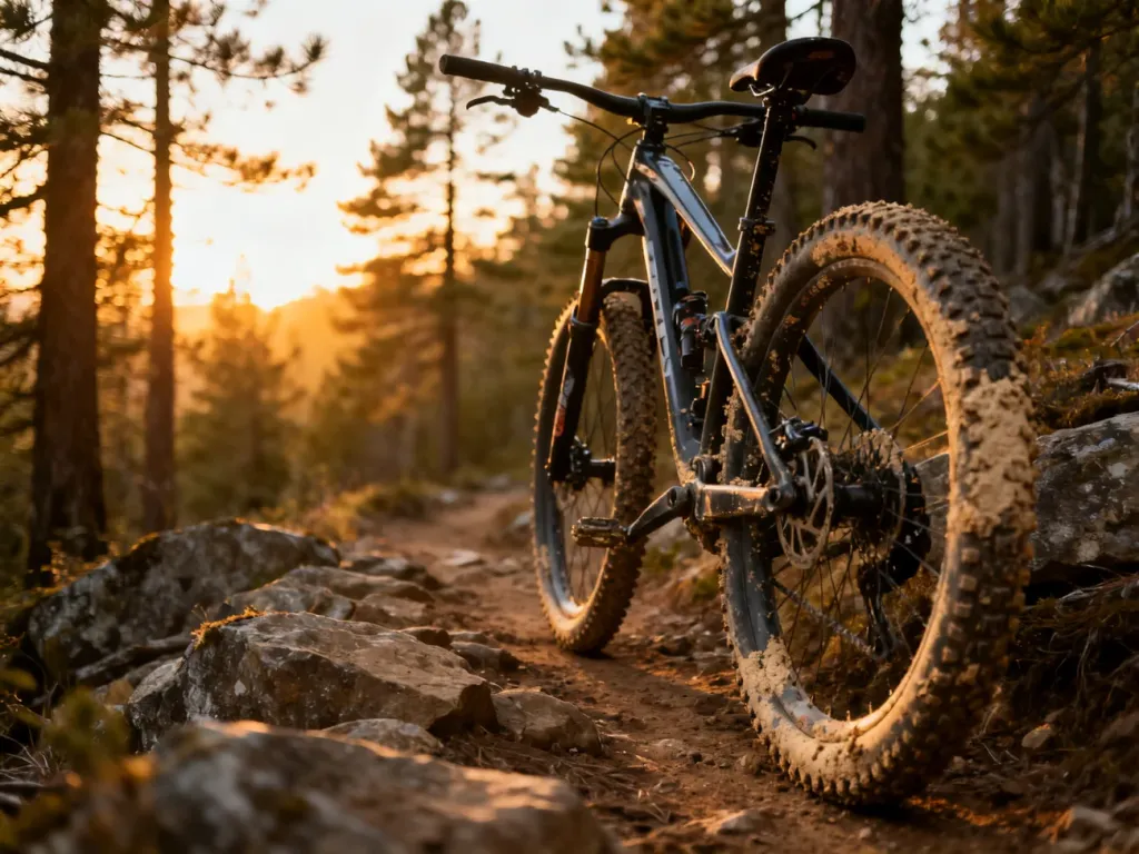 Profesjonalny rower górski na kamienistym szlaku w blasku zachodzącego słońca, podkreślający przygodowy charakter jazdy MTB.