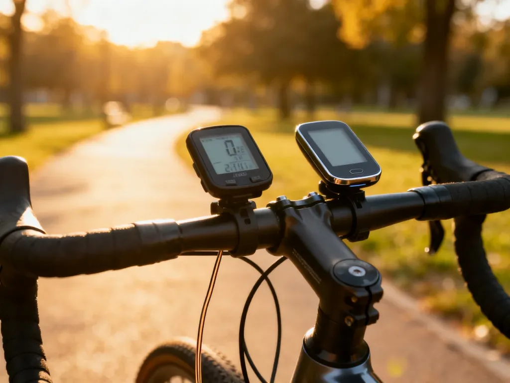 Porównanie przewodowego i bezprzewodowego licznika rowerowego zamontowanych na kierownicy roweru w słoneczny dzień.