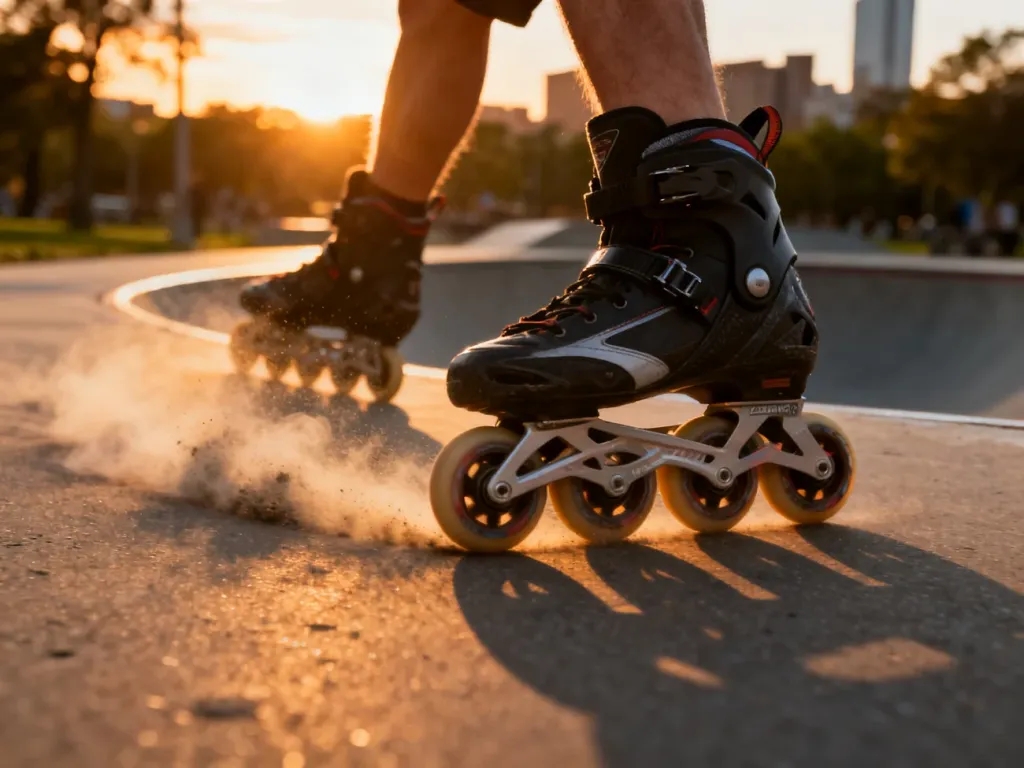 Rolkarz wykonujący dynamiczny powerslide na asfalcie podczas zachodu słońca, z widocznym efektem tarcia kół.
