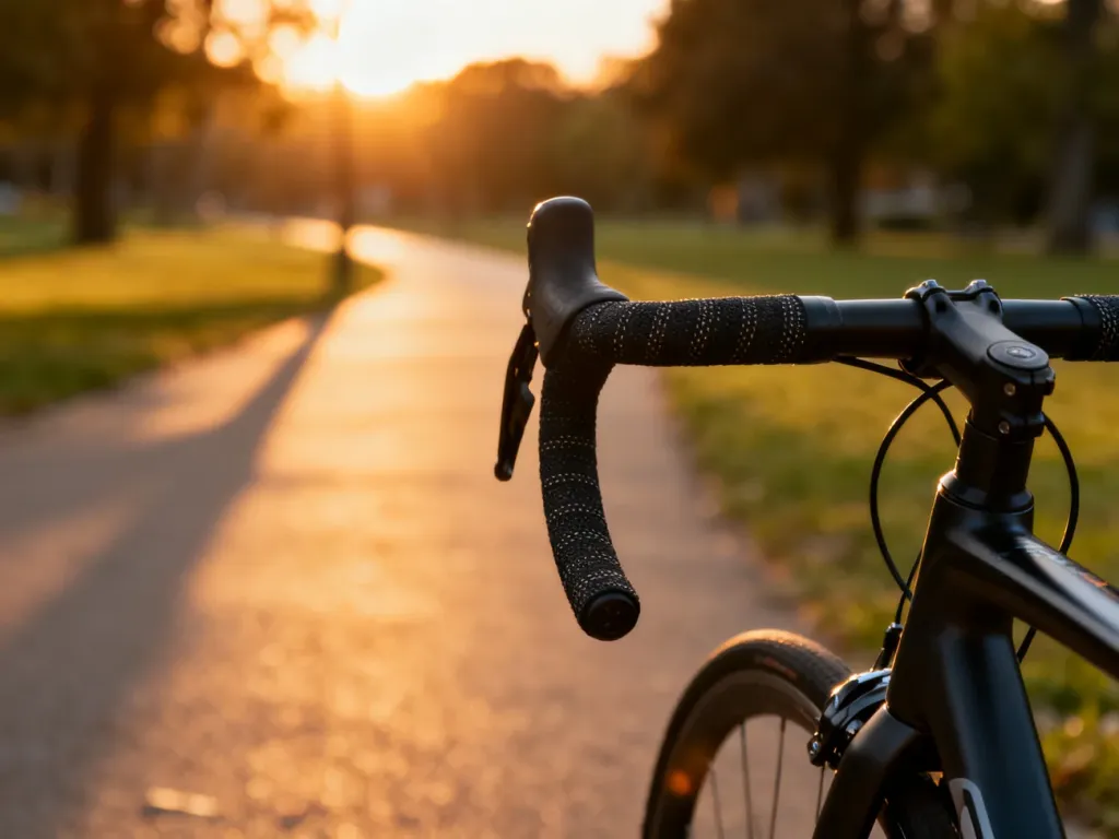 Kierownica roweru szosowego na tle parkowej ścieżki o zachodzie słońca, podkreślająca pasję do jazdy na rowerze.
