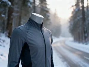 Profesjonalna koszulka rowerowa z miarką krawiecką na drewnianym blacie, ilustrująca precyzyjny pomiar odzieży sportowej.
