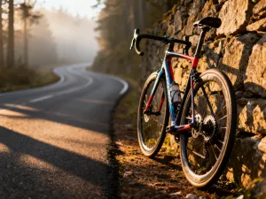 Kierownica roweru i kask leżące na ścieżce rowerowej w słoneczny poranek, zachęcające do bezpiecznej jazdy na świeżym powietrzu.