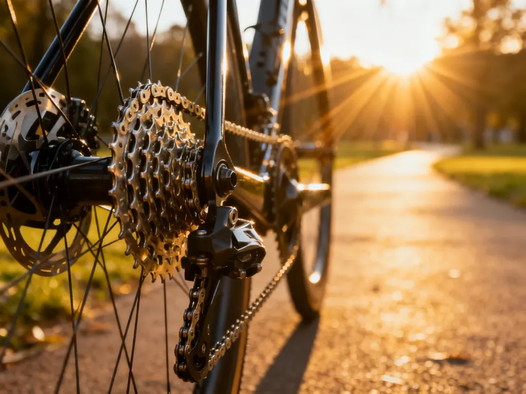 Zbliżenie na mechanizm przerzutek i łańcuch nowoczesnego roweru szosowego na tle słonecznej parkowej alejki.