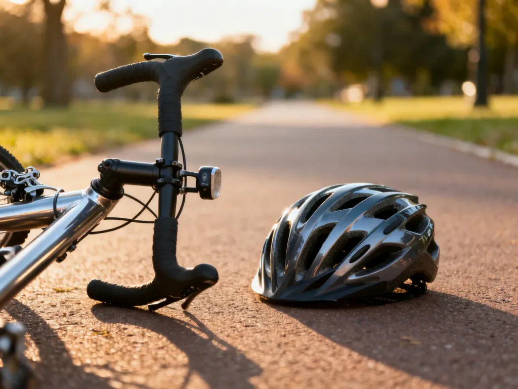 Kierownica roweru i kask leżące na ścieżce rowerowej w słoneczny poranek, zachęcające do bezpiecznej jazdy na świeżym powietrzu.