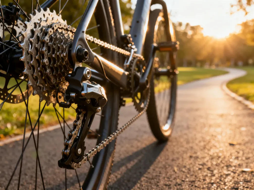 Zbliżenie na precyzyjny mechanizm przerzutek i czysty łańcuch nowoczesnego roweru na tle słonecznej parkowej alejki.