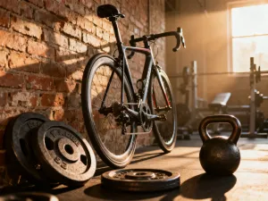 Dwa nowoczesne kaski rowerowe: jeden z daszkiem, drugi o aerodynamicznym kształcie bez daszka, ustawione na drewnianym blacie.