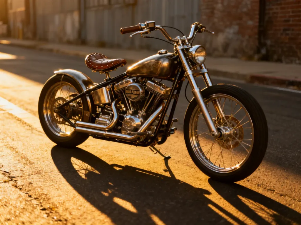 Customowy rower typu cruiser stylizowany na motocykl Harley-Davidson zaparkowany na słonecznej ulicy.