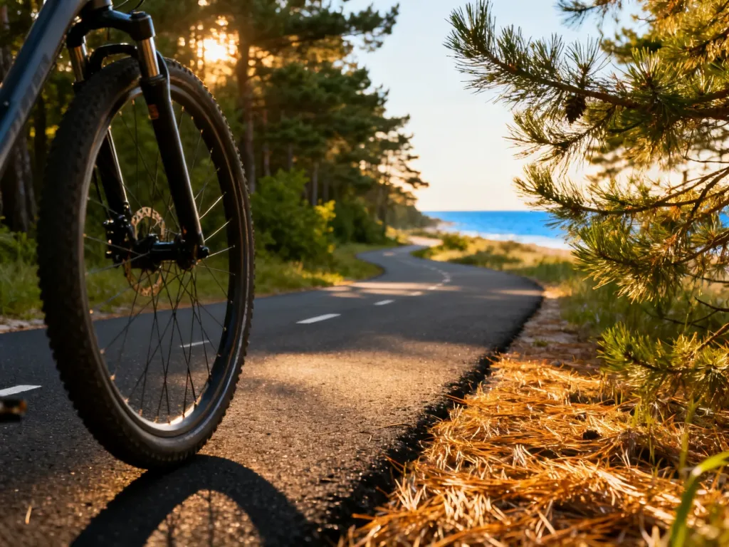 Nowoczesna ścieżka rowerowa wijąca się przez malowniczy sosnowy las na Mierzei Wiślanej w promieniach zachodzącego słońca.