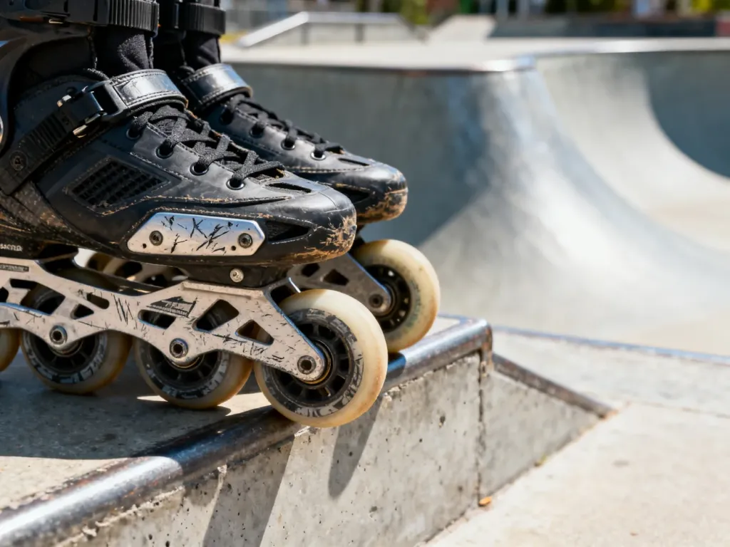Rolki typu aggressive oparte o betonowy murek w skateparku, z widocznymi śladami użytkowania na płytkach do grindu.