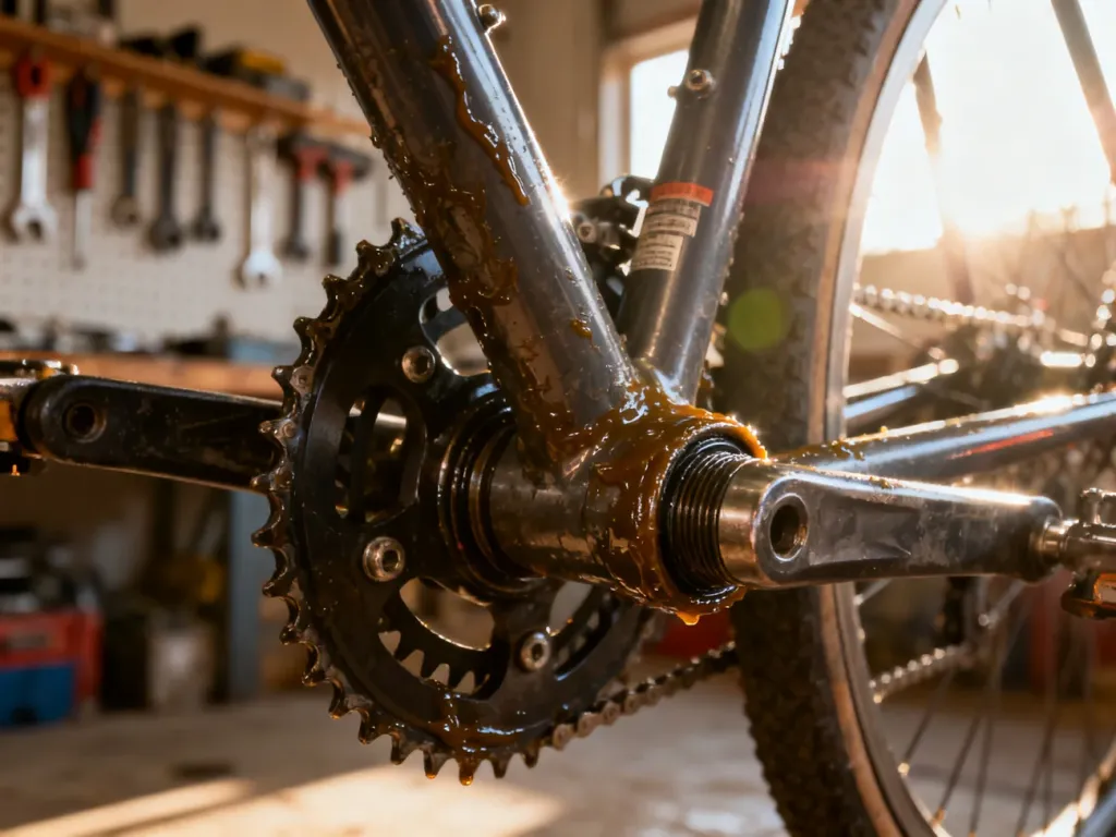 Zbliżenie na suport rowerowy łączący korbę z ramą w oświetlonym warsztacie, ukazujące detale mechaniczne i smar.