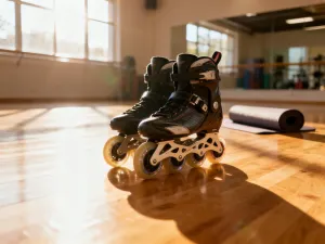 Mata do jogi, wałek do masażu i ręczniki na drewnianej podłodze w słonecznym studiu fitness przygotowane do ćwiczeń.