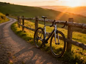 Profesjonalny rower przełajowy z zabłoconymi oponami na trasie wyścigu cyclocross w jesiennej scenerii.