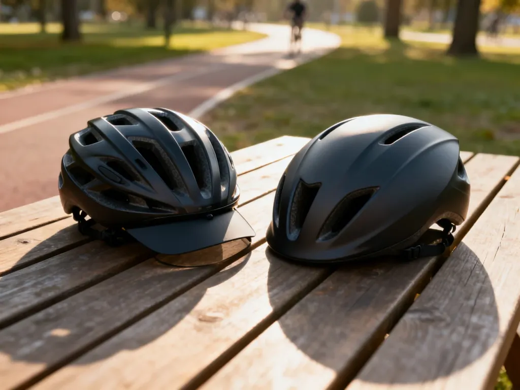 Dwa nowoczesne kaski rowerowe: jeden z daszkiem, drugi o aerodynamicznym kształcie bez daszka, ustawione na drewnianym blacie.