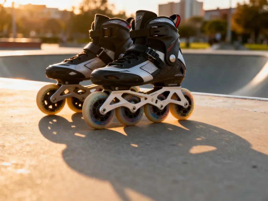 Nowoczesne łyżworolki ustawione na betonowej nawierzchni skateparku w świetle zachodzącego słońca.