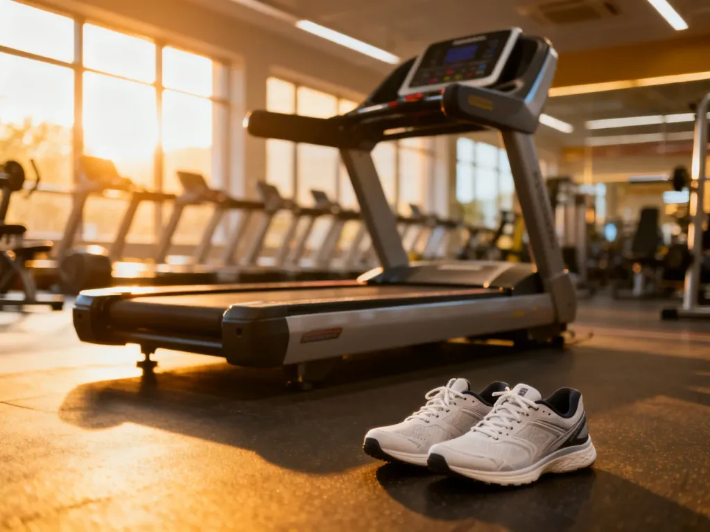Nowoczesna bieżnia w jasnej sali fitness z parą butów do biegania na pierwszym planie, zachęcająca do treningu cardio.