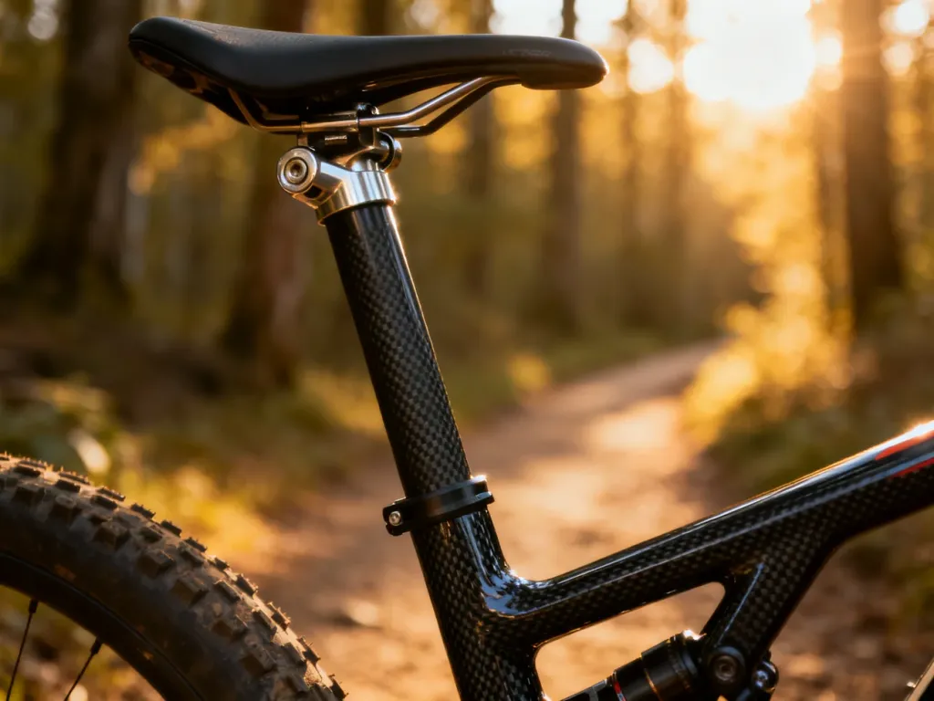 Wysokiej klasy karbonowa sztyca rowerowa z widocznym mechanizmem regulacji zamontowana w ramie roweru górskiego.