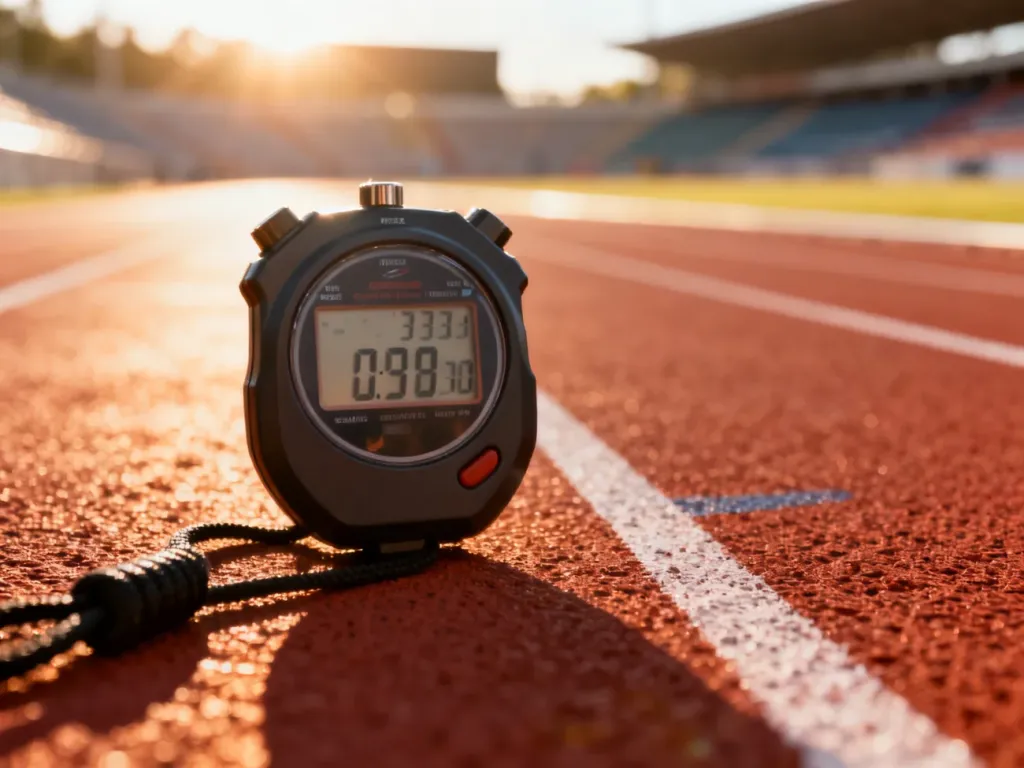 Profesjonalny stoper na bieżni lekkoatletycznej, symbolizujący pomiar czasu podczas intensywnego treningu interwałowego.