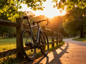 Profesjonalny rower górski typu XC zaparkowany na krętej leśnej ścieżce w słoneczny poranek.