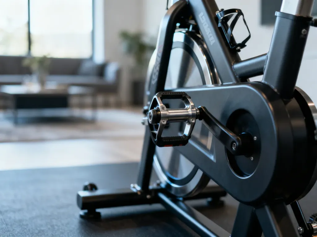 Profesjonalny rower stacjonarny w nowoczesnej domowej siłowni, gotowy do treningu cardio.