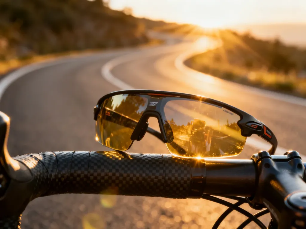 Profesjonalne okulary rowerowe spoczywające na kierownicy karbonowego roweru na tle słonecznej trasy.