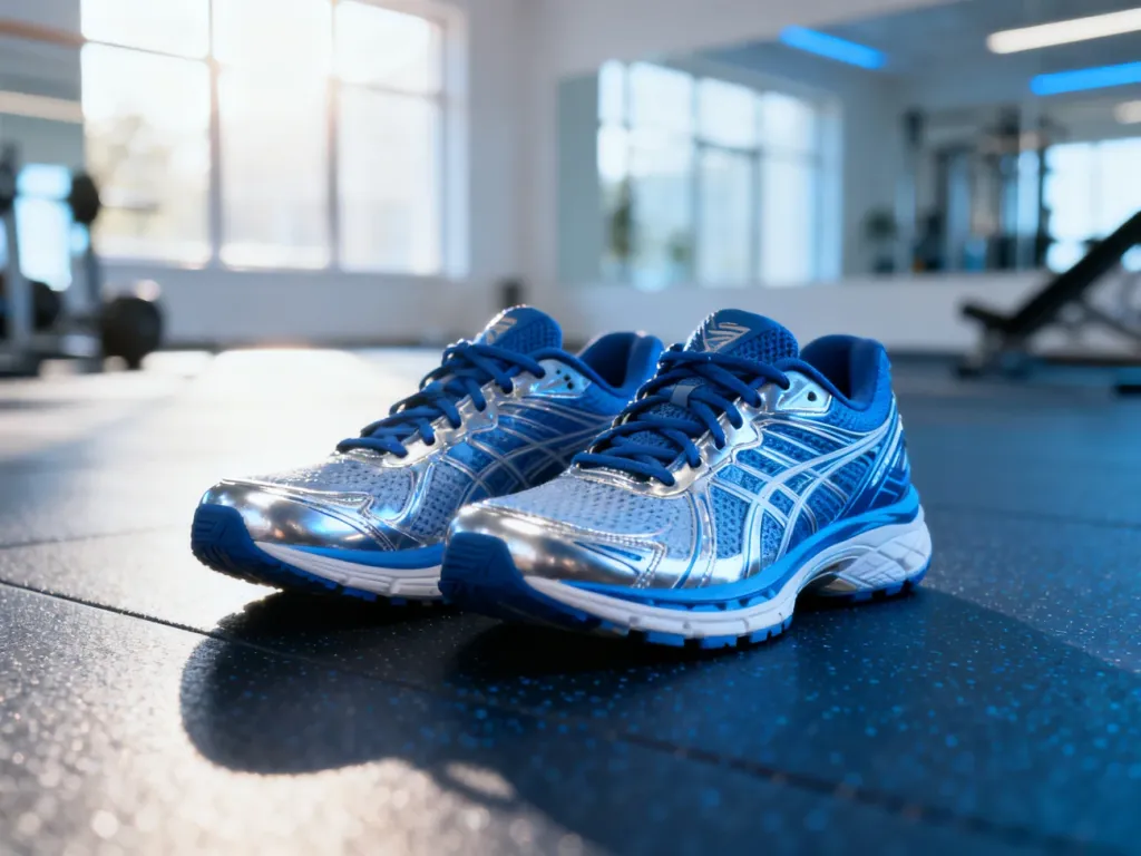 Profesjonalne buty do biegania na podłodze w nowoczesnej siłowni, symbolizujące aktywność fizyczną i trening cardio.