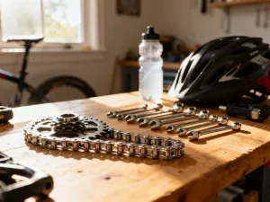 Zbliżenie na wkład suportu zamontowany w ramie roweru, ukazujące detale mechaniczne i łożyska w profesjonalnym warsztacie.