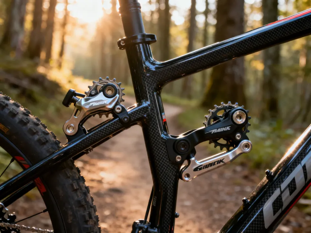 Zbliżenie na precyzyjne przerzutki rowerowe Shimano i SRAM zamontowane na karbonowej ramie w leśnej scenerii.