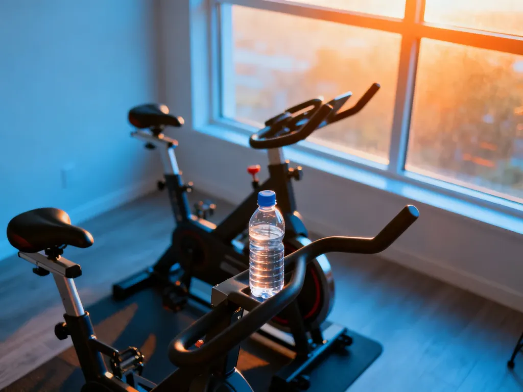 Nowoczesny rower stacjonarny w jasnym, minimalistycznym wnętrzu, zachęcający do domowego treningu cardio.