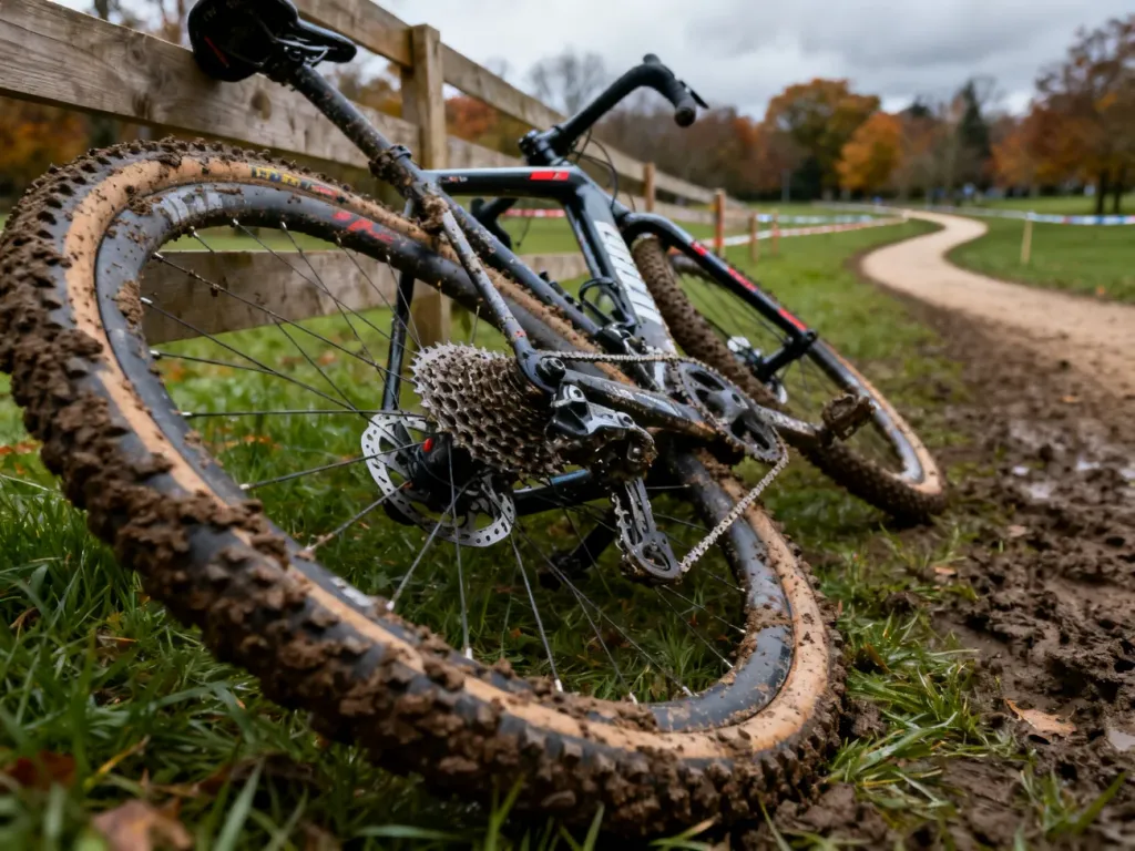 Profesjonalny rower przełajowy z zabłoconymi oponami na trasie wyścigu cyclocross w jesiennej scenerii.