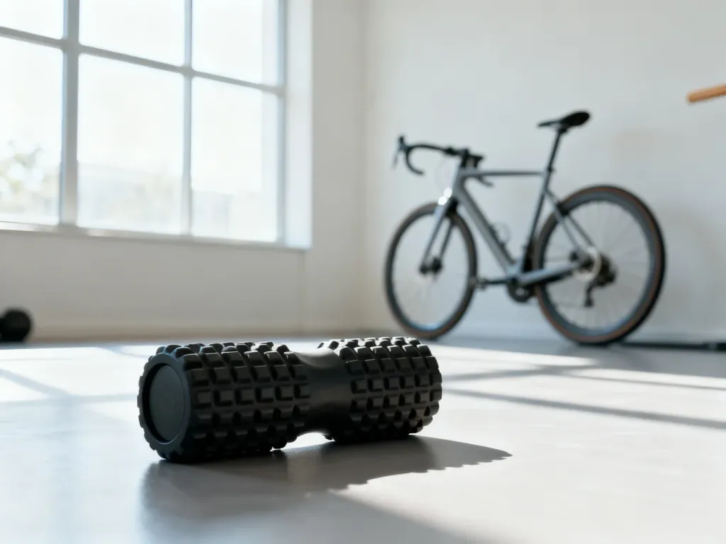 Profesjonalny roller do masażu mięśni na podłodze w studio rowerowym, zachęcający do regeneracji po treningu.