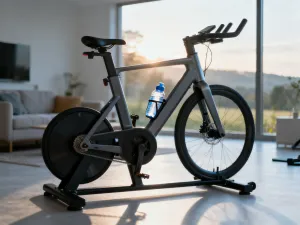 Rower szosowy na trenażerze z tabletem wyświetlającym dane treningowe, gotowy do pomiaru FTP w domowych warunkach.