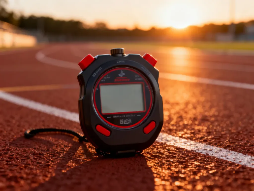 Profesjonalny stoper sportowy na bieżni lekkoatletycznej w świetle zachodzącego słońca, symbolizujący precyzyjny trening.