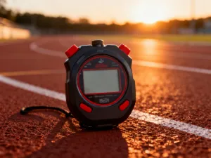 Skórzany notatnik, zegarek sportowy i szejker na ławce w siłowni, zachęcające do prowadzenia dziennika treningowego.