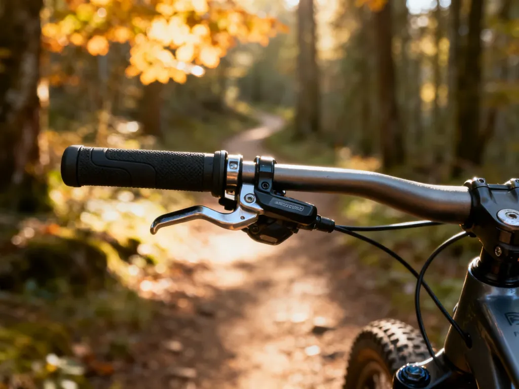 Zbliżenie na mechanizmy zmiany biegów w rowerze górskim: manetki obrotowe oraz dźwigniowe na kierownicy.