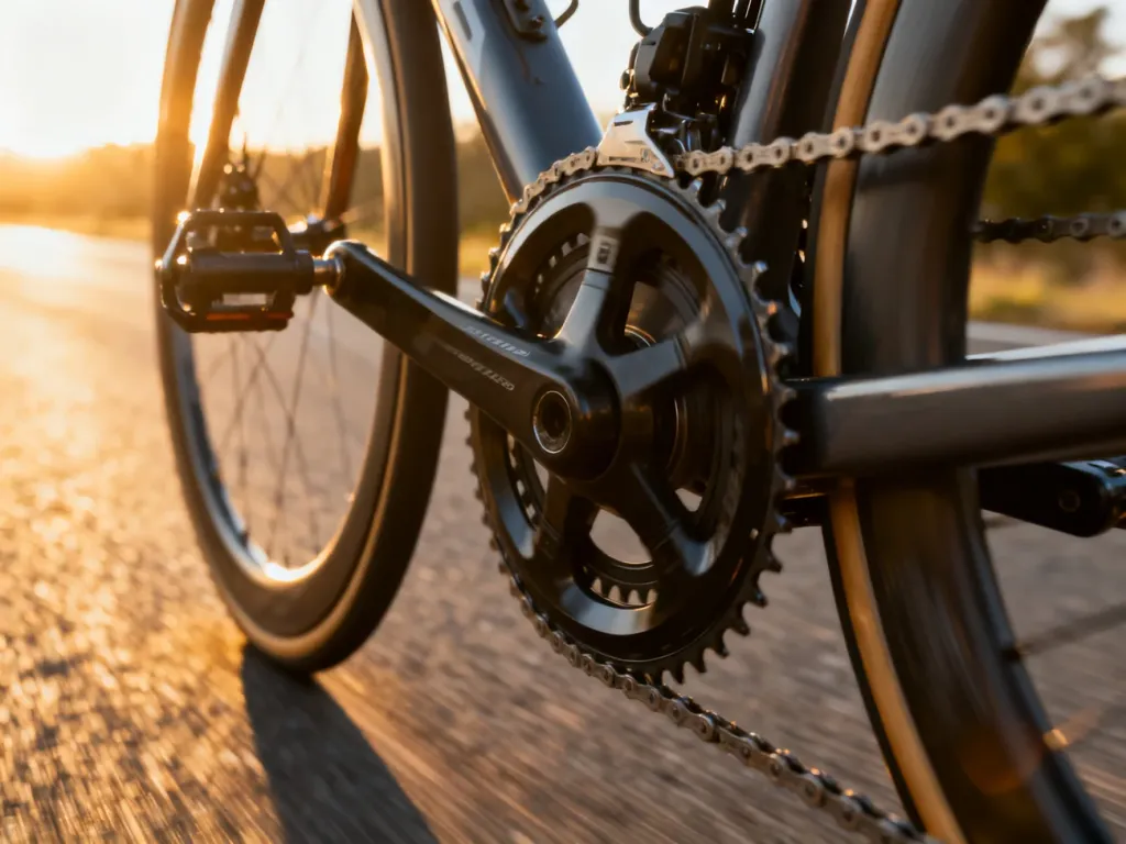 Zbliżenie na mechanizm korbowy i pedał roweru szosowego podczas jazdy w promieniach porannego słońca.