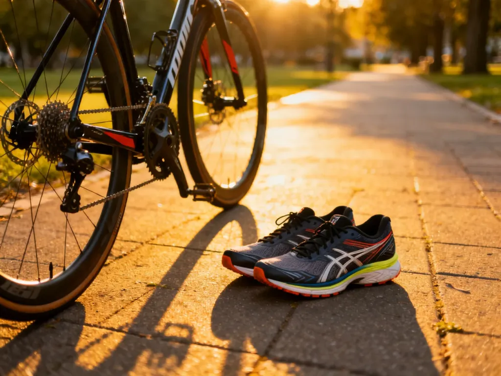 Profesjonalny rower szosowy i buty do biegania na ścieżce w parku, symbolizujące wybór między tymi dwiema formami aktywności.